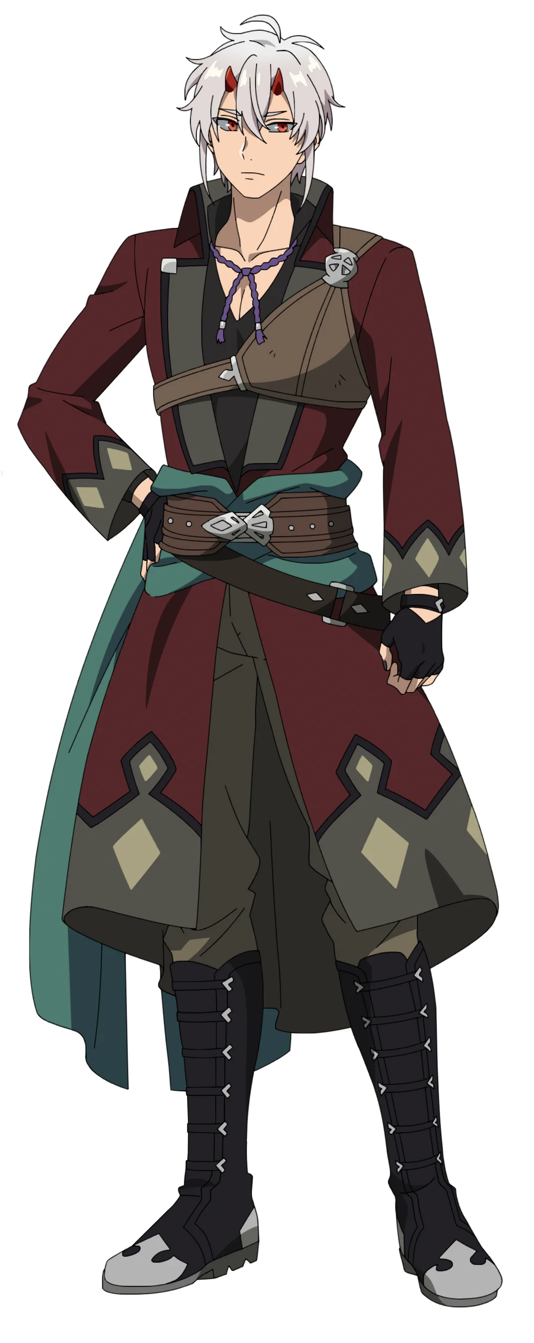 Illustration of a character with silver hair, wearing a burgundy and dark outfit, styled in a fantasy theme.