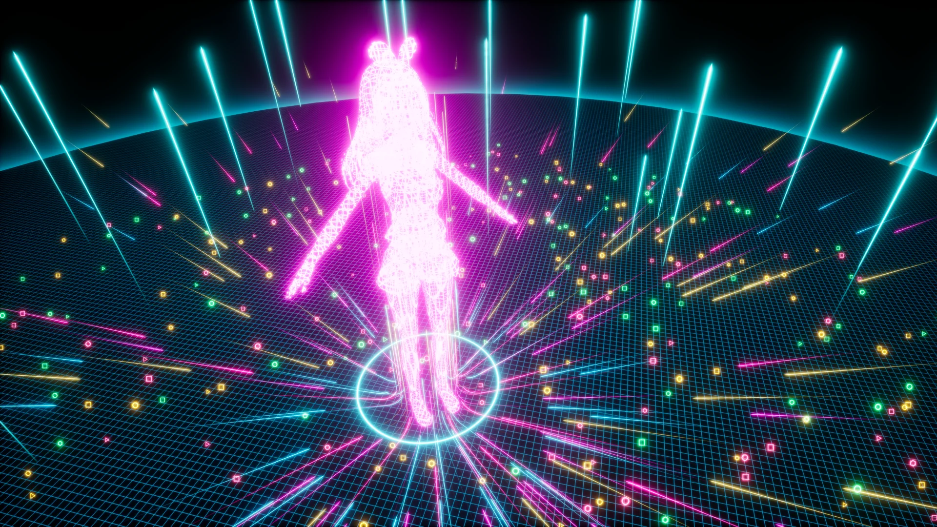 Silwett diġitali ta’ Kizuna AI f’grid virtwali b’dwal tal-kulur