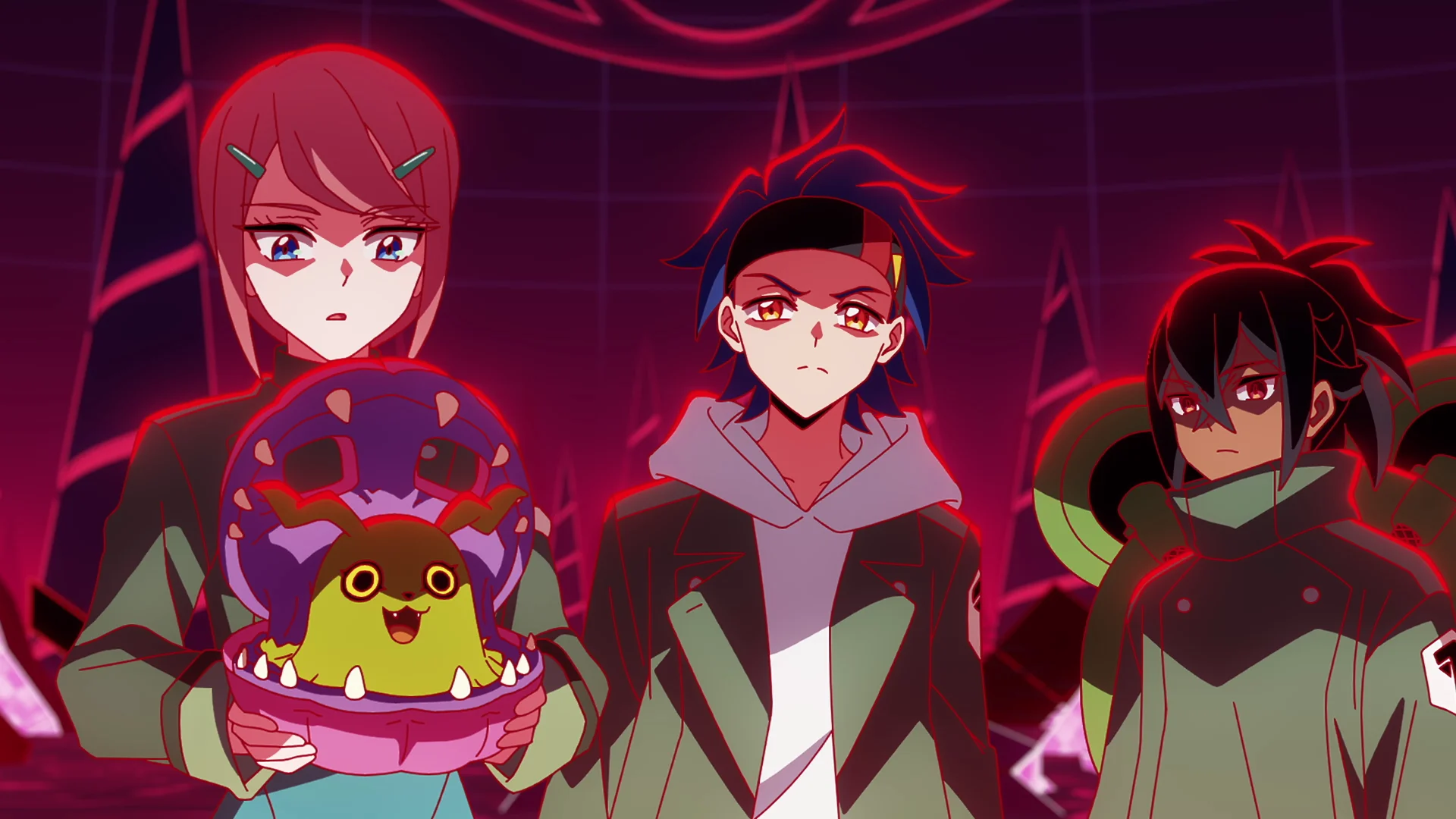 暗く赤い照明に包まれたDIGIMON BEATBREAKの3人のキャラクター