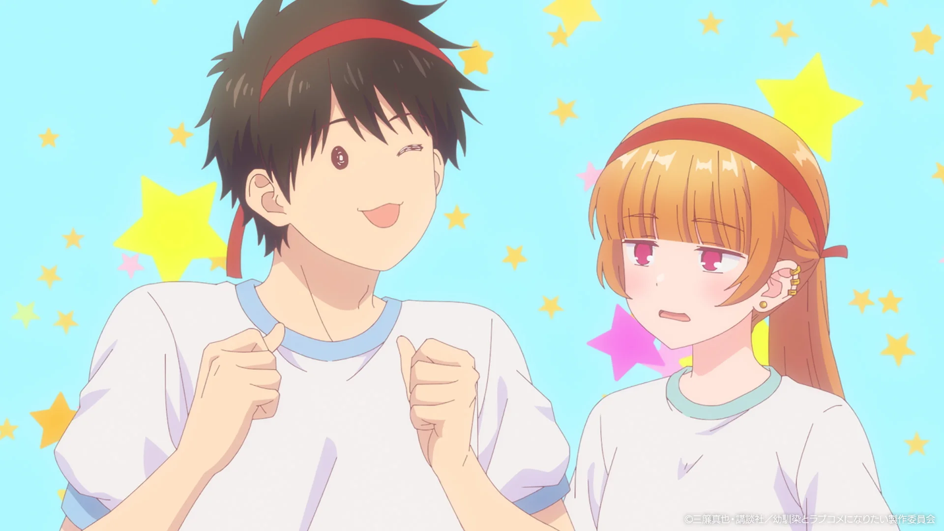 Anime scene with a boy winking and a girl looking embarrassed, both wearing headbands and matching uniforms against a starry background.