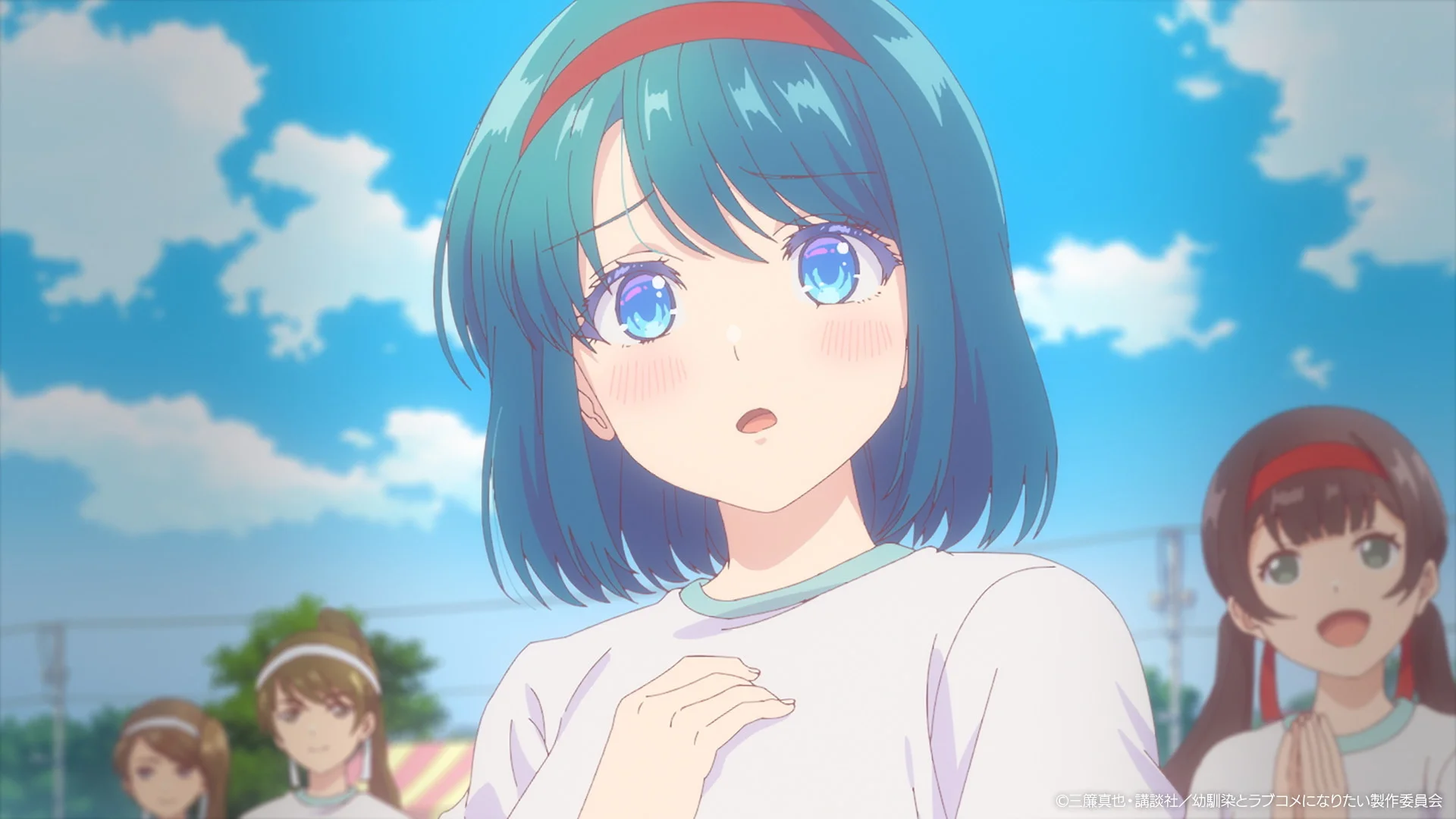 Anime scene with a blue-haired girl wearing a white shirt and headband, outdoors with others in background.