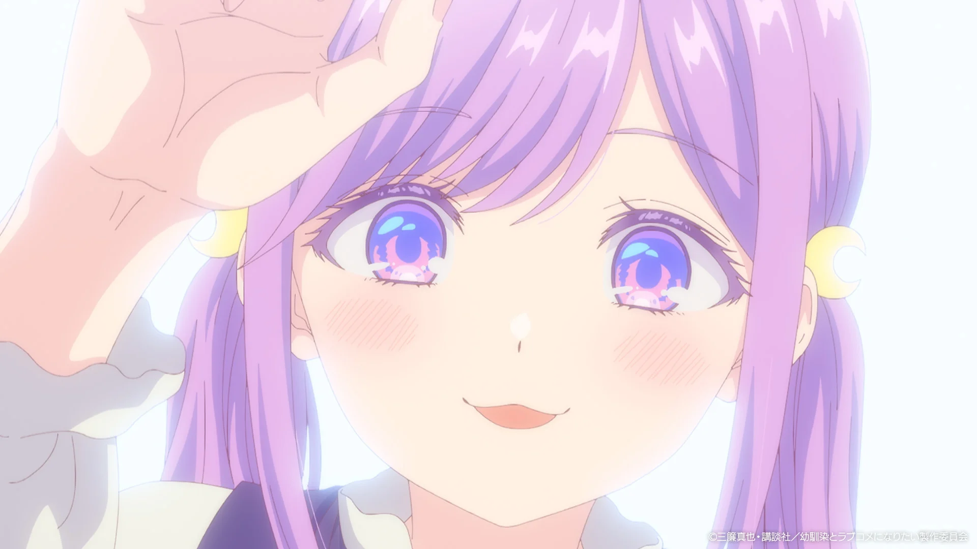 Close-up of an anime character with purple hair and bright eyes, smiling with one hand raised.