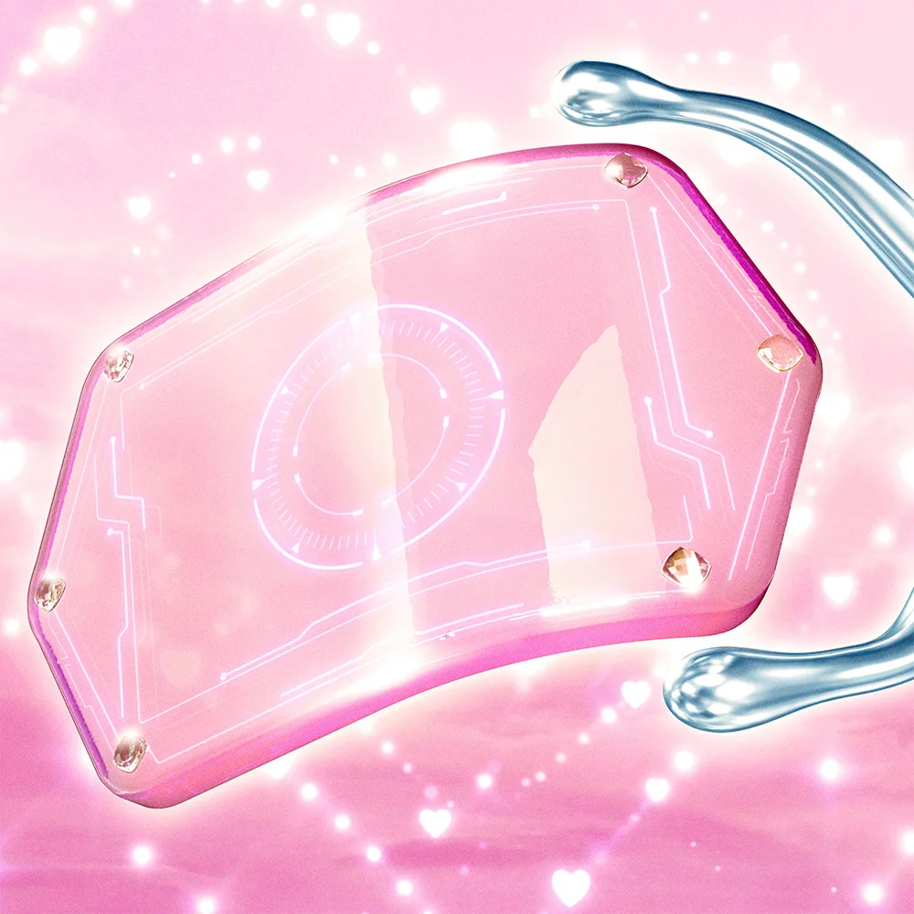 Egy futurisztikus, rózsaszín eszköz világító szimbólumokkal