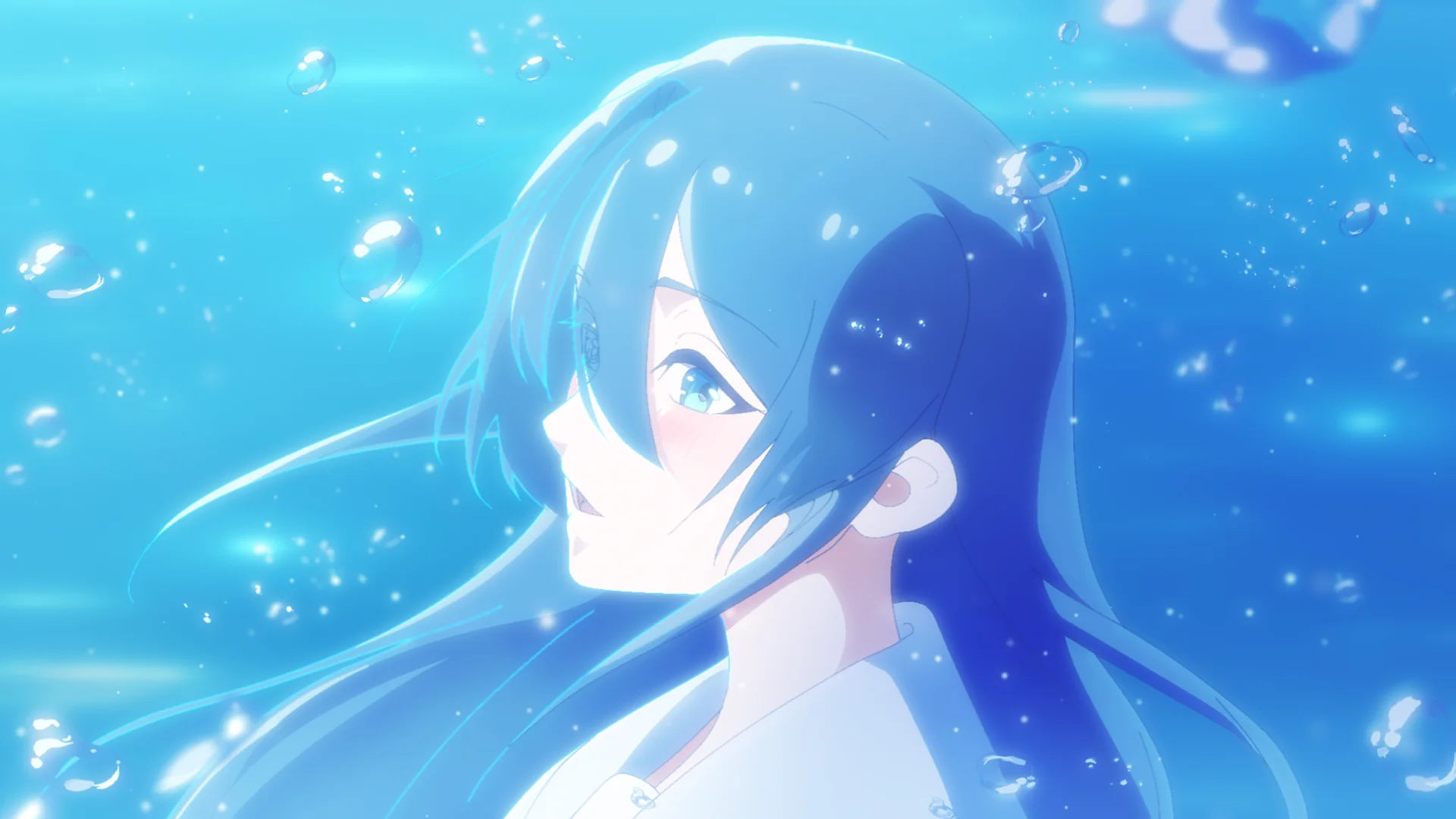 شخصية أنمي بشعر أزرق طويل تحت الماء