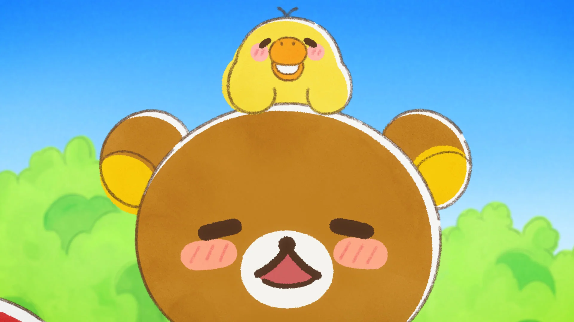 Rilakkuma s Kiiroitori na hlave, umiestnená na pozadí modrej oblohy a zelenej trávy.