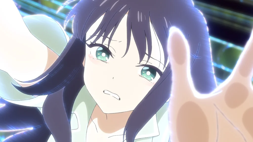 Uzun koyu saçlı ve yeşil gözlü anime karakteri endişeyle bakıyor