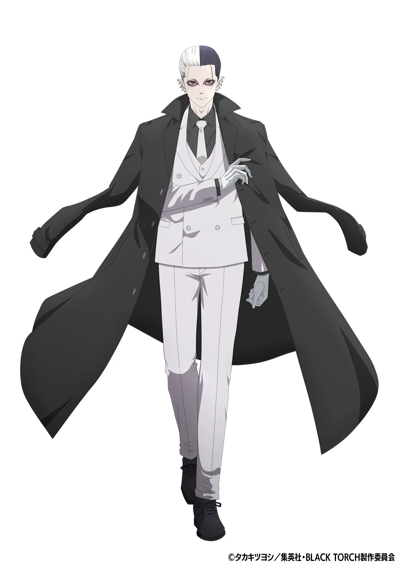 Personaggio anime Tengu con i capelli indietro, in completo bianco e cappotto nero