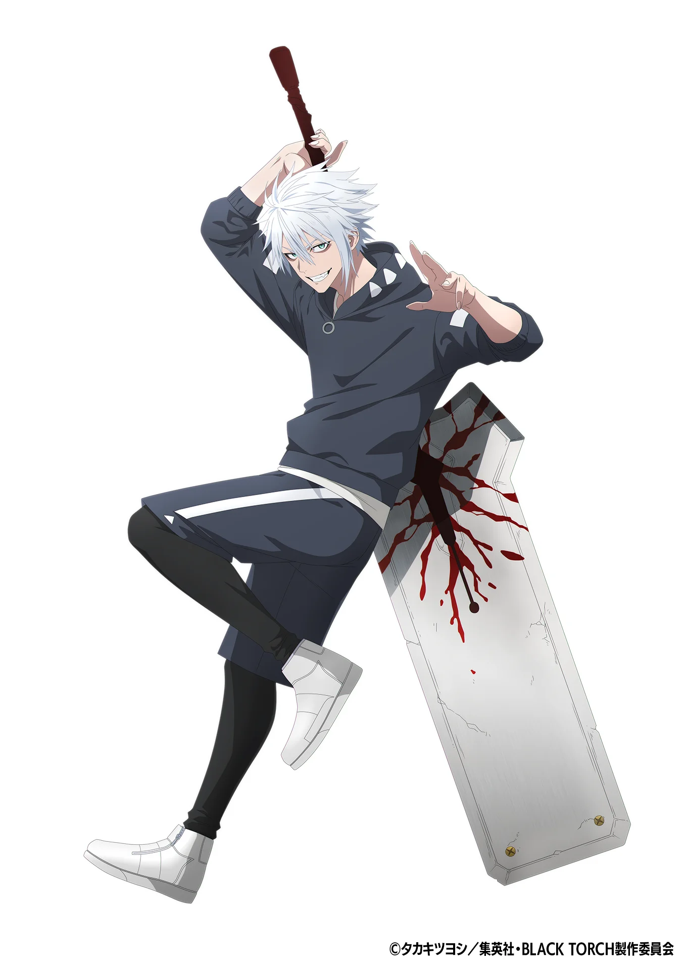 Personaggio anime Kogami con capelli bianchi e una mazza, che salta da una lastra di pietra insanguinata