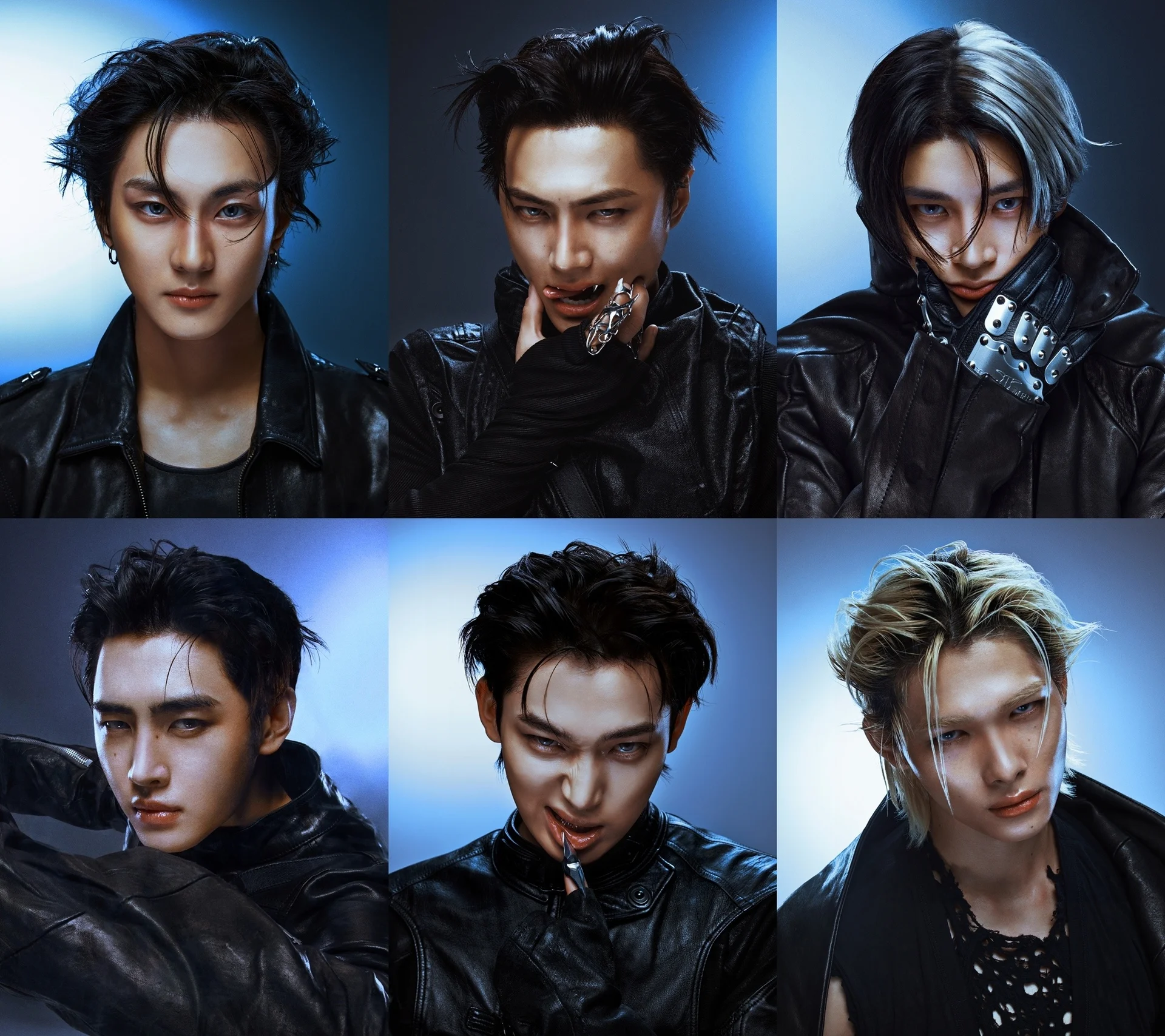 ENHYPEN-medlemmer i mørke, kantede outfits