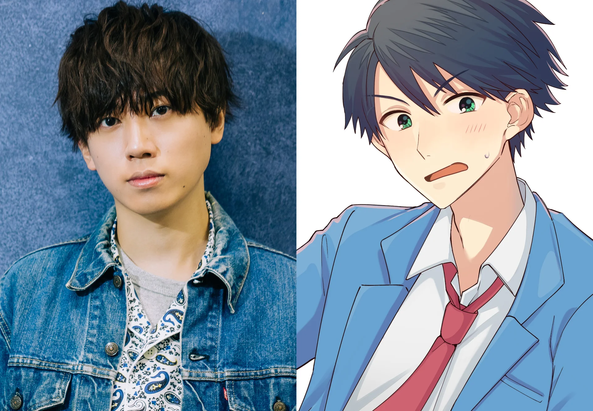 Side-by-side image of a man in a denim jacket and an anime character in a school uniform