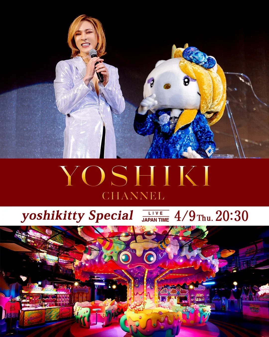 YOSHIKI з персонажем Hello Kitty на сцені