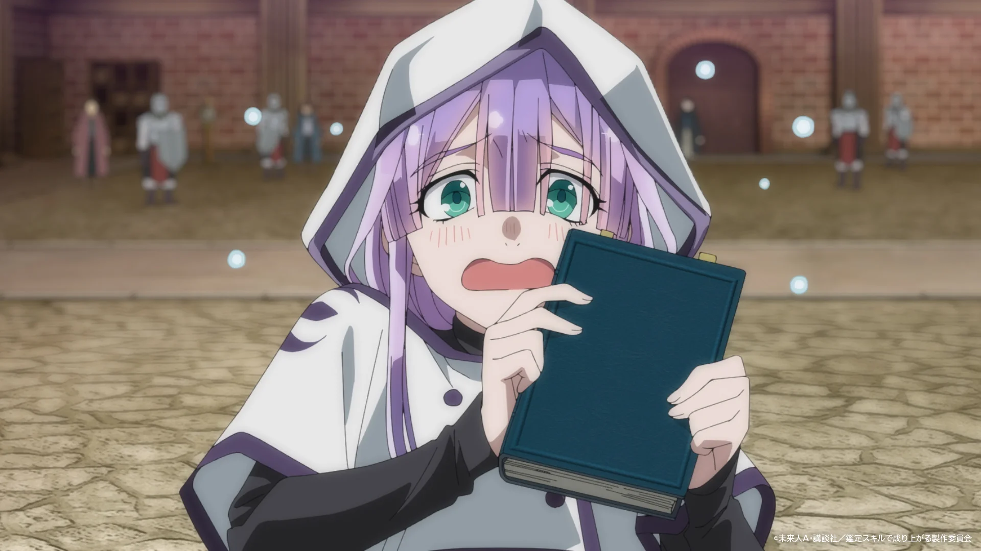 Personaj cu părul violet ținând o carte, cu o expresie surprinsă