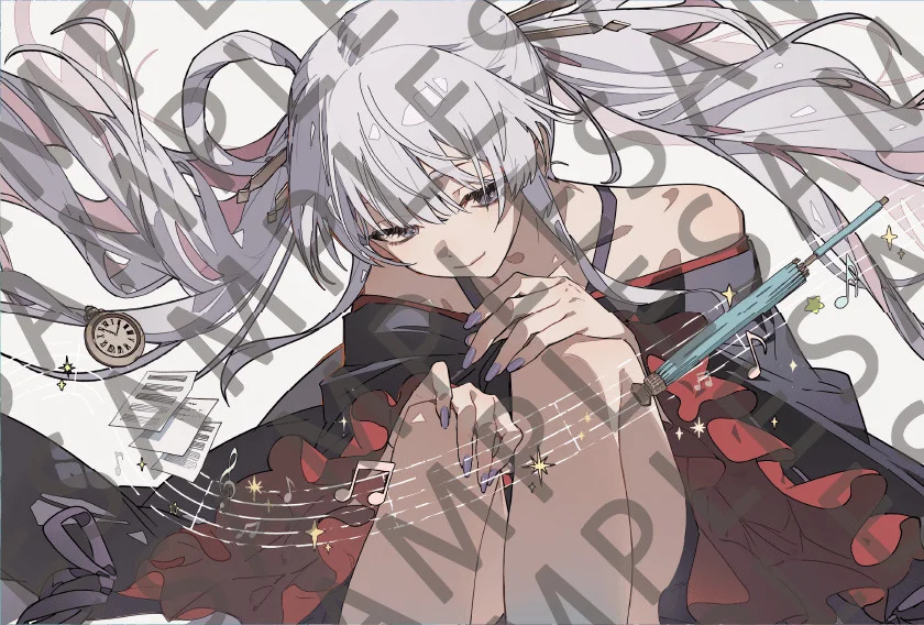 ಬಿಳಿ ಕೂದಲು ಮತ್ತು ಕೆಂಪು ಲೇಪನಗಳನ್ನು ಹೊಂದಿರುವ ಅನಿಮೆ ಪಾತ್ರ, ಸುತ್ತಲೂ ಸಂಗೀತದ ಸಂಕೇತಗಳೊಂದಿಗೆ ಪೆನ್ನು ಹಿಡಿದಿದೆ.