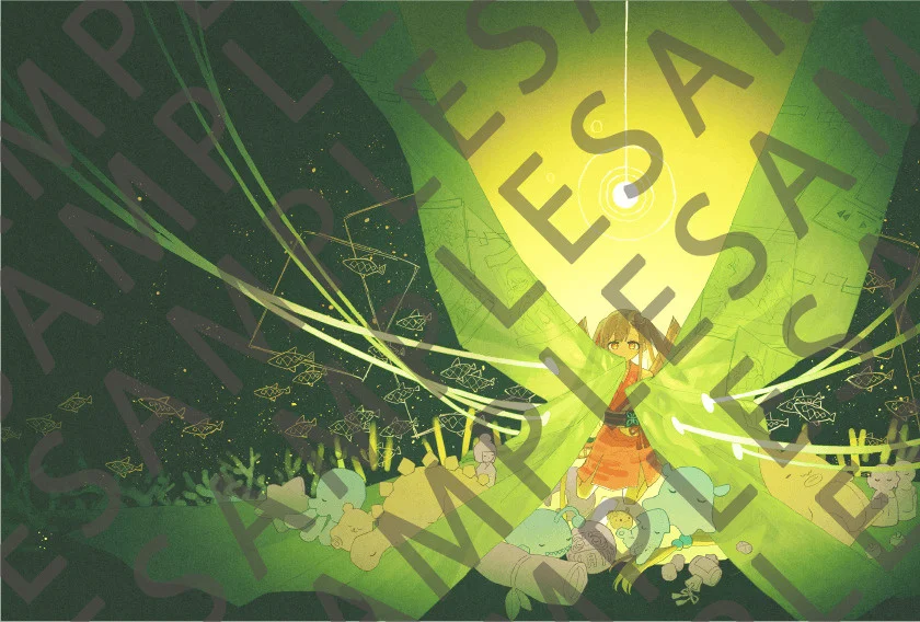 ಹಸಿರು ಮತ್ತು ಹಳದಿ ಬೆಳಕಿನಿಂದ ಸುತ್ತುವರೆದಿರುವ ಹುಡುಗಿಯನ್ನು ಹೊಂದಿರುವ ಅನಿಮೆ-ಶೈಲಿಯ ವಿವರಣೆ, ವಿನೋದಾತ್ಮಕ ಅಂಶಗಳೊಂದಿಗೆ.