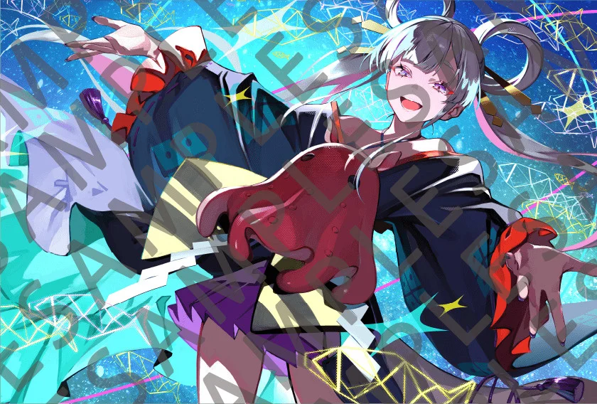 ನೇರಳೆ ಕೂದಲು ಮತ್ತು ಉತ್ಸಾಹಭರಿತ ಉಡುಗೆ, ಡೈನಾಮಿಕ್ ಪೋಸ್ ಮತ್ತು ವರ್ಣರಂಜಿತ ಹಿನ್ನೆಲೆಯನ್ನು ಹೊಂದಿರುವ ಸಂತೋಷಕರ ಪಾತ್ರದ ಅನಿಮೆ-ಶೈಲಿಯ ವಿವರಣೆ.