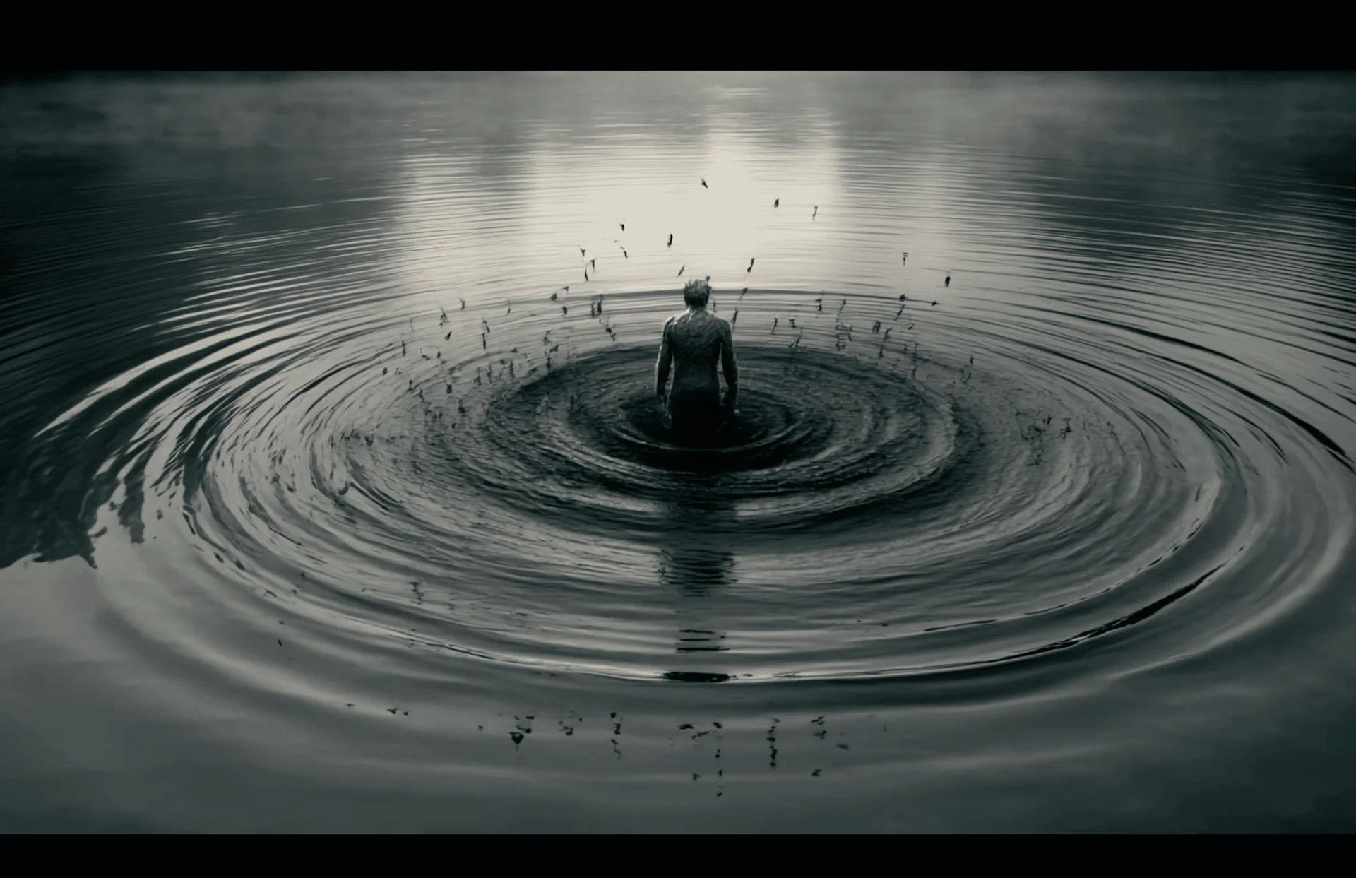 Человек стоит в центре ряби на воде, окружённый птицами