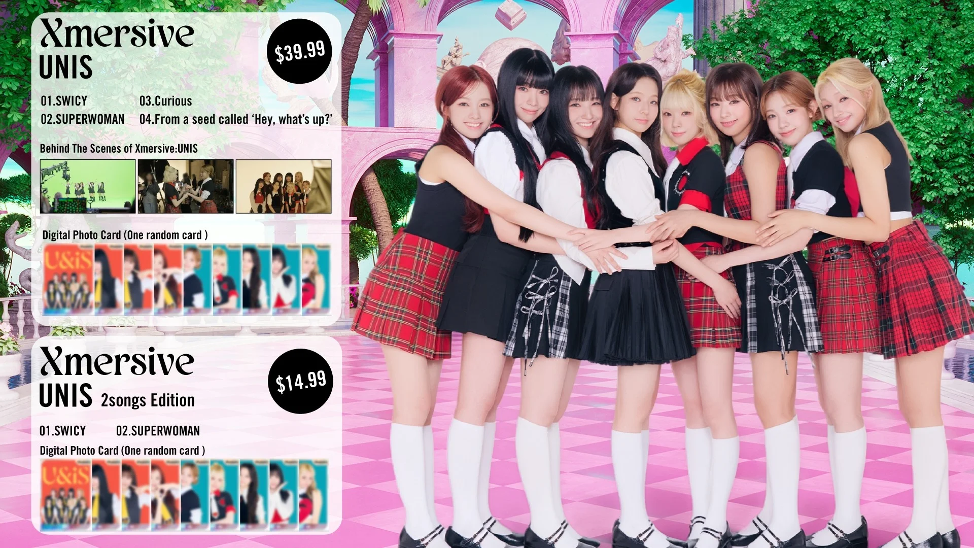 Grupo ng mga babae na nakasuot ng uniporme sa paaralan na nagpo-pose kasama ang promotional text ng VR live event