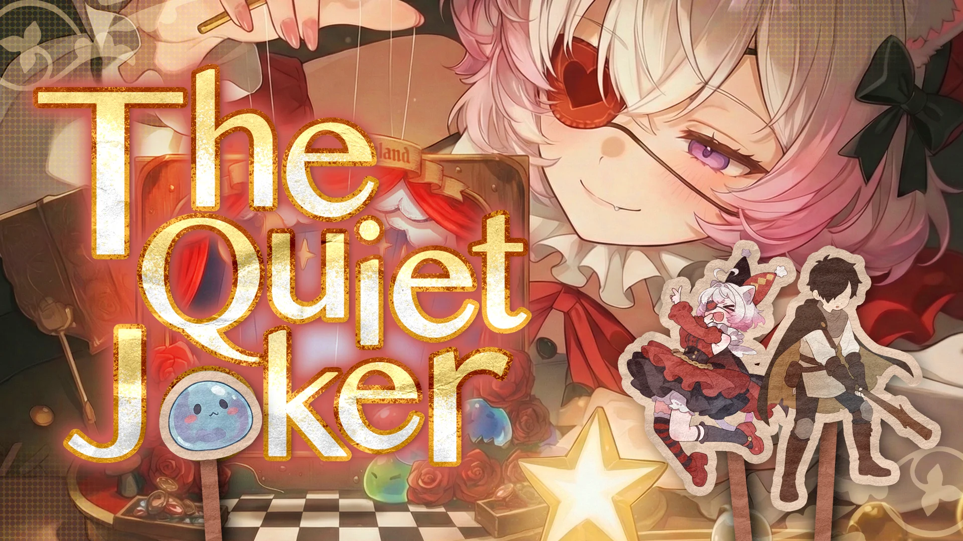 Illustrerte coverkunst for The Quiet Joker med en puppet-lignende karakter