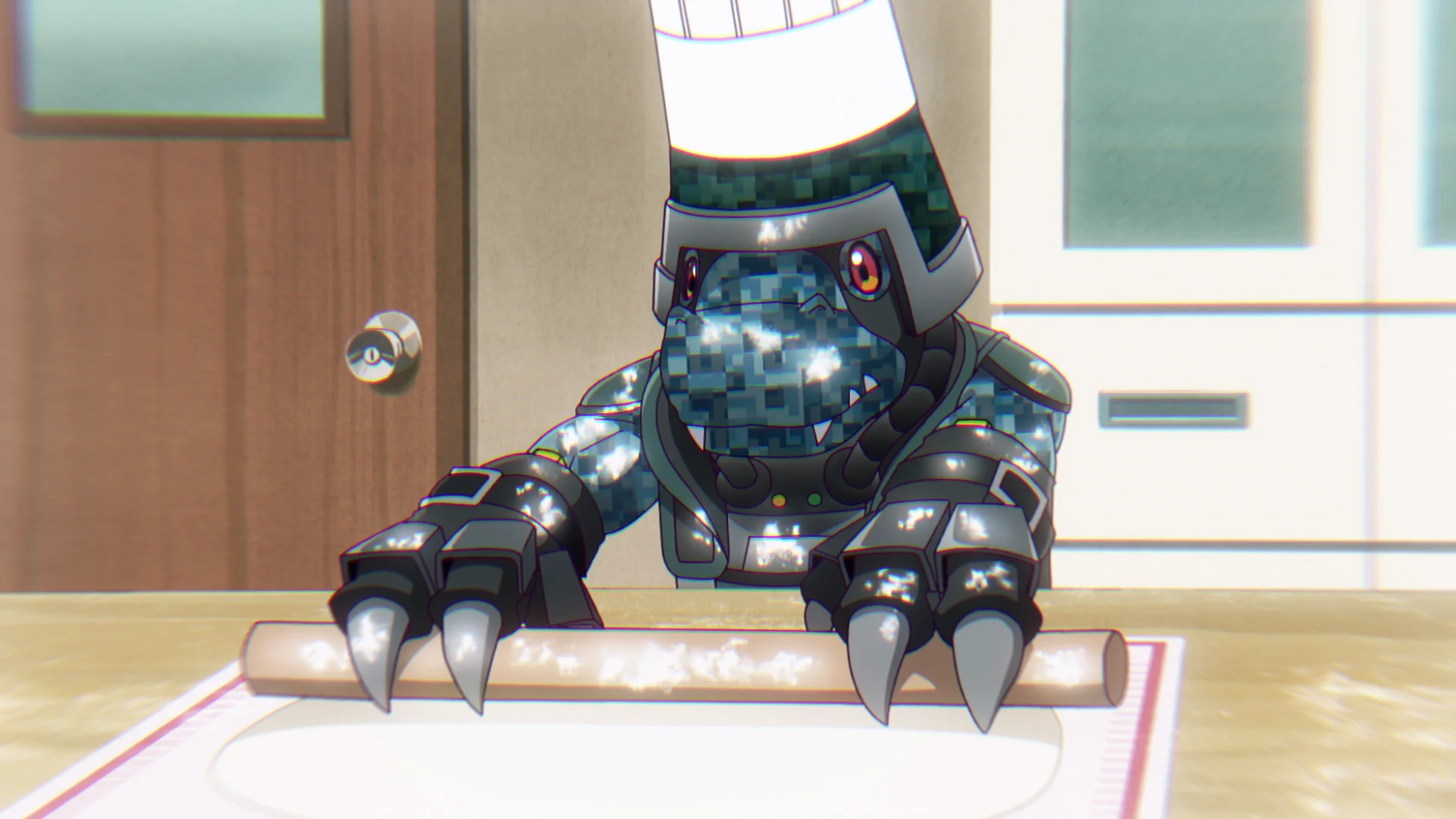 Anime character wearing a chef hat rolling dough