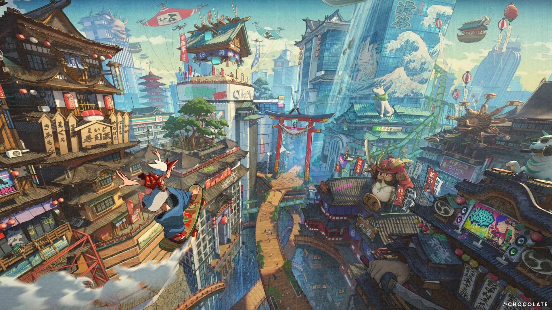 Футуристички пејзаж града са лебдећим зградама и ликом који клиза на ролерима