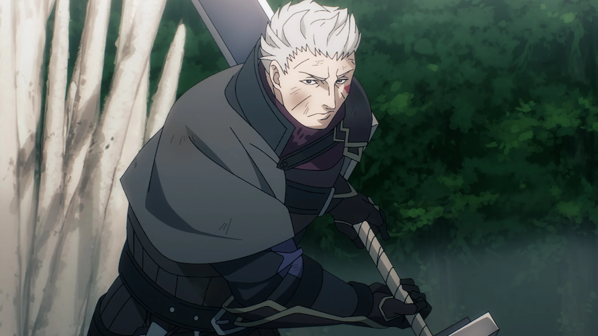 شخصية بيضاء الشعر، جيغ، يسلط سيفًا في غابة