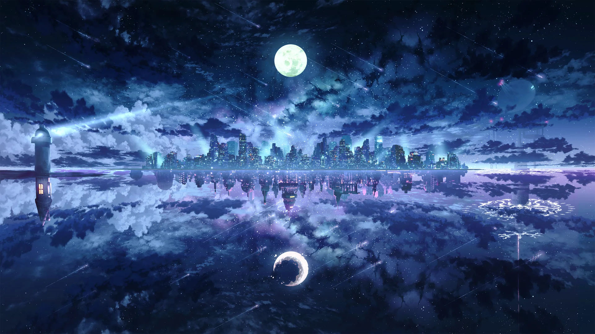 Phong cảnh thành phố về đêm với trăng lưỡi liềm và trăng tròn phản chiếu dưới nước