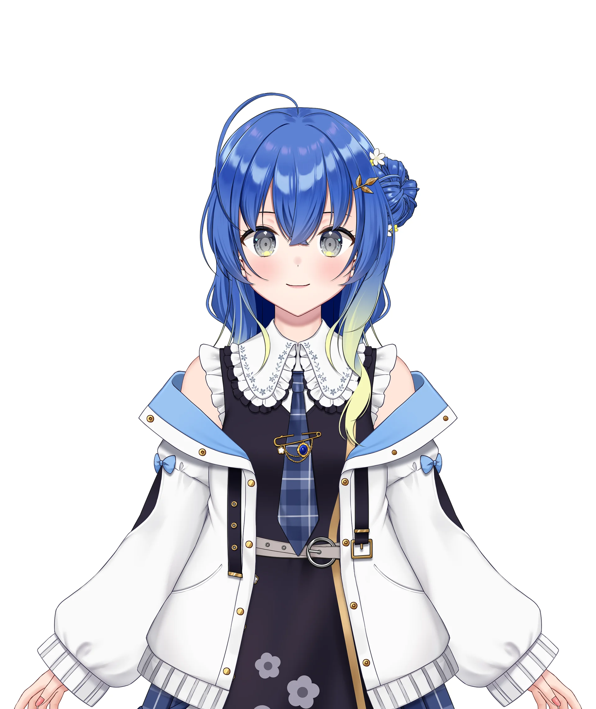 Nhân vật phong cách anime với tóc xanh lam và đồ trang trí hoa