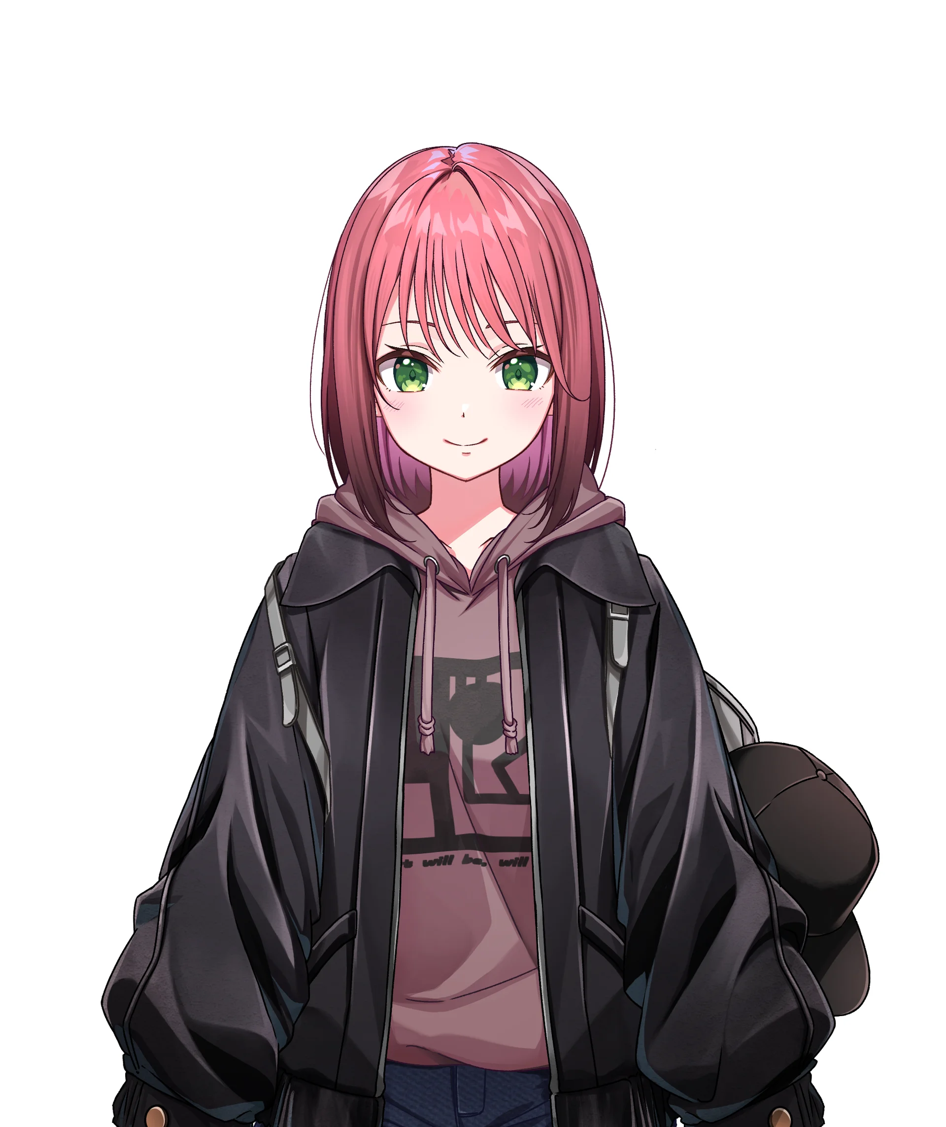 Nhân vật phong cách anime với mái tóc hồng mặc áo khoác đen