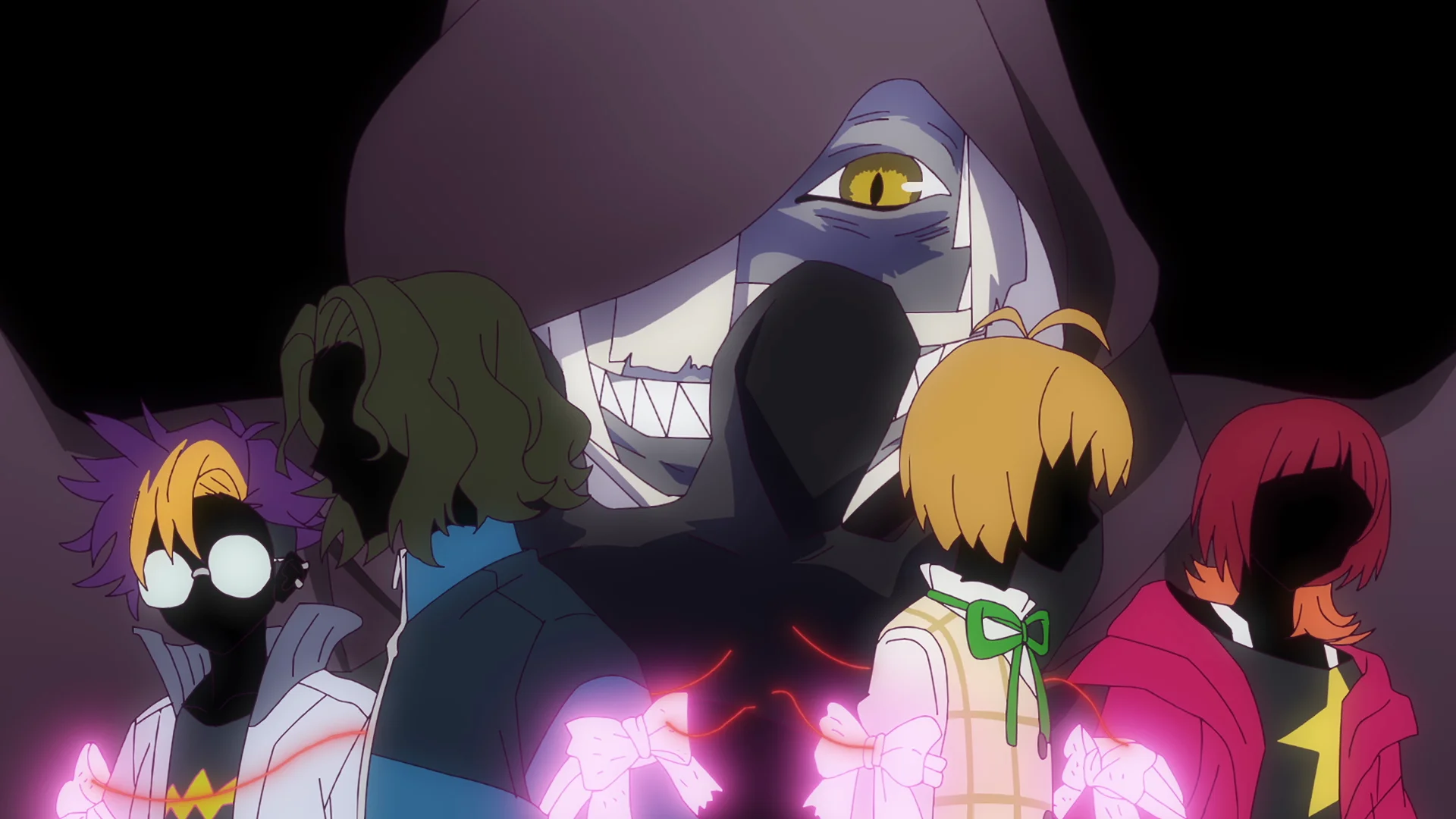 Uma figura encapuzada com um sorriso sinistro rodeada por personagens silhuetados