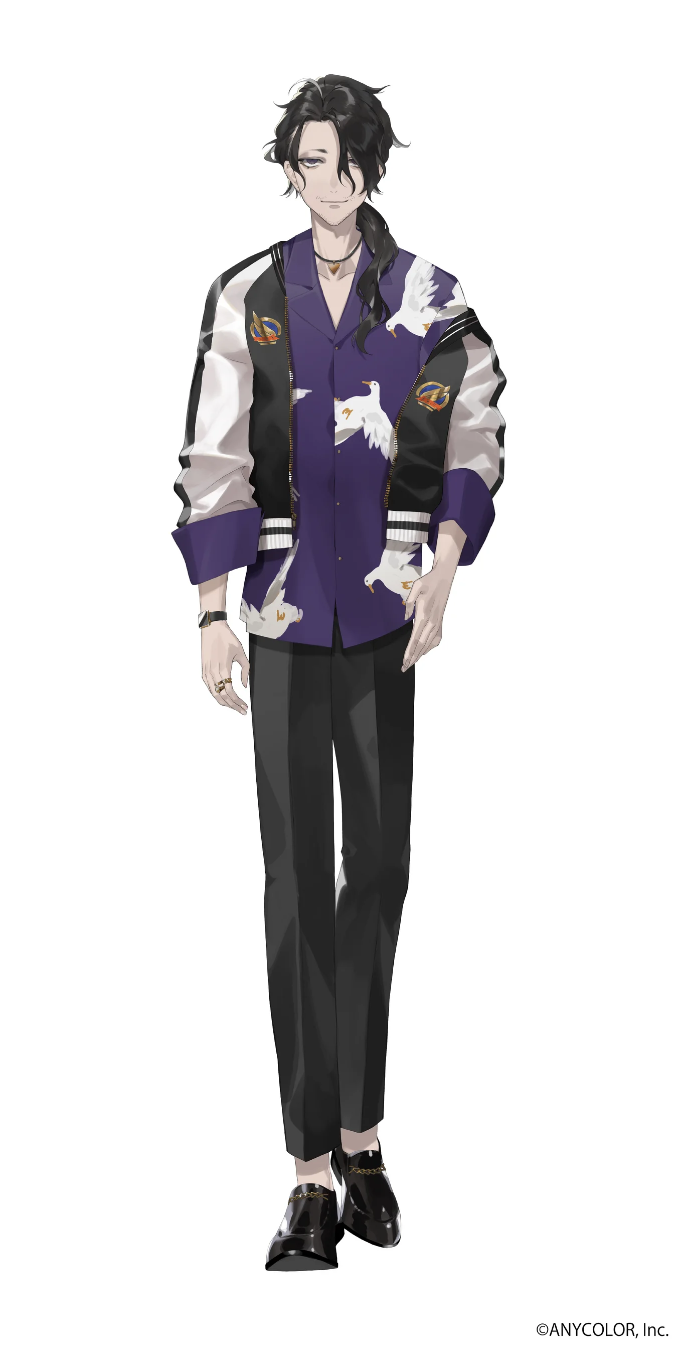 Stylized illustration of a VTuber character with long hair and a jacket with bird patterns.