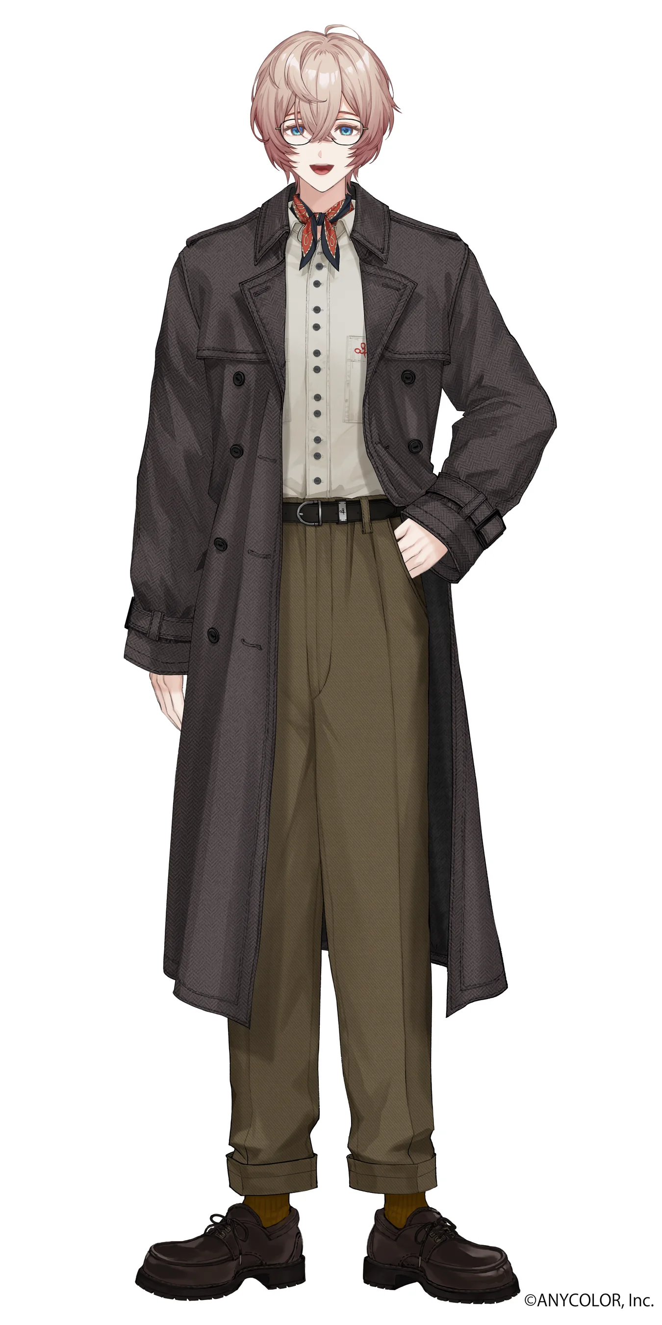 Illustration of a VTuber character wearing a long dark coat and brown pants.