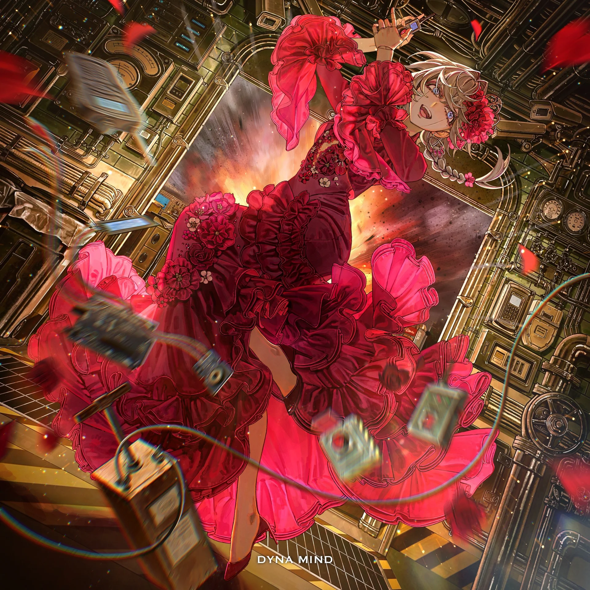 Ilustracija u anime stilu <a href="https://onlyhit.us/music/artist/9Lana" target="_blank">9Lane</a> u crvenoj haljini sa živopisnom, mehaničkom pozadinom