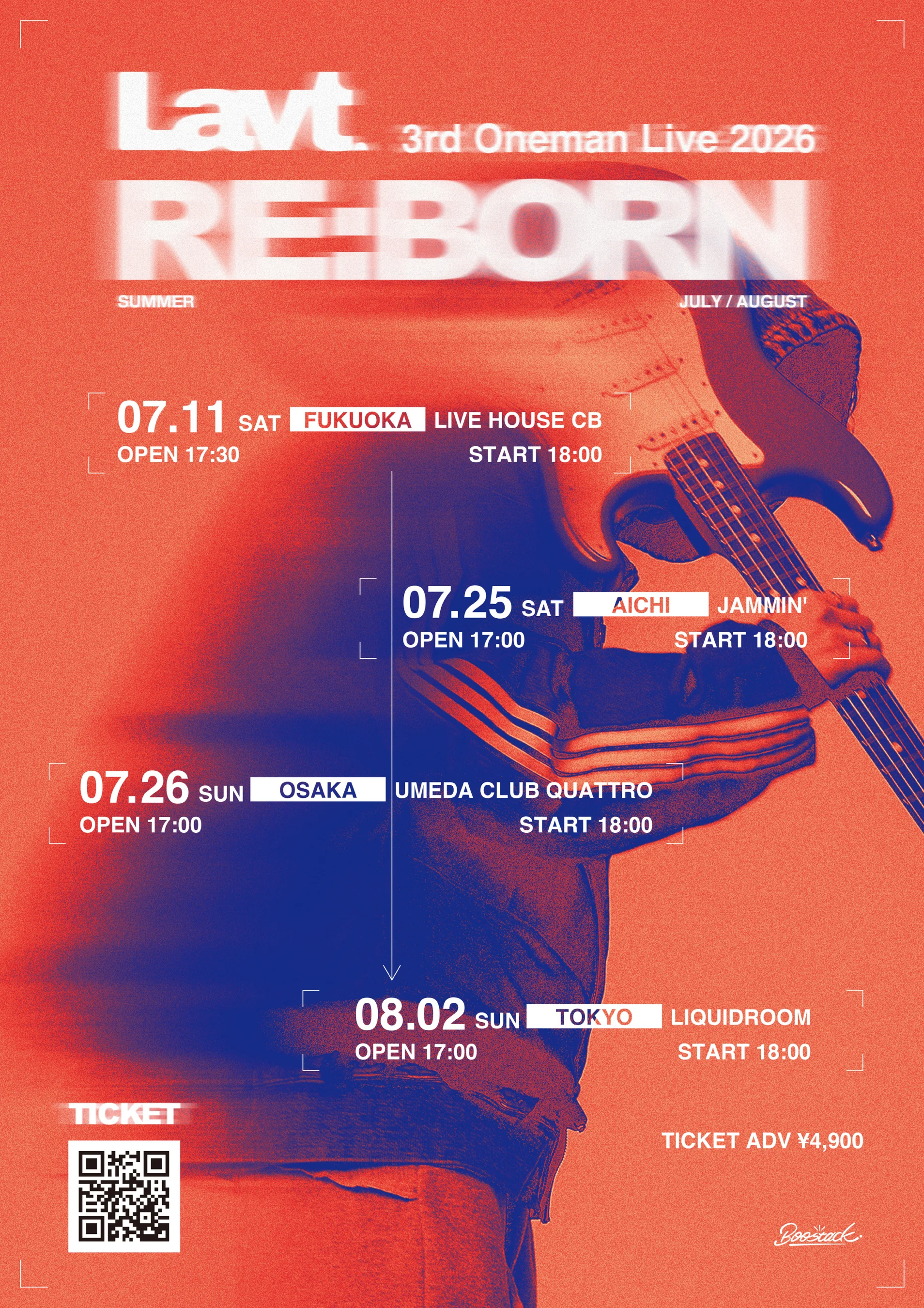 Poszter a Lavt 3rd Oneman Live RE:BORN turnéról, dátumokkal Fukuokában, Aichiben, Oszakában és Tokióban