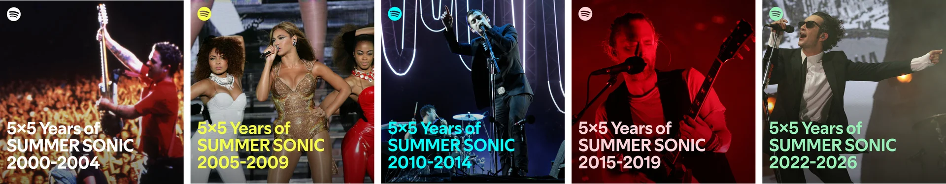 Collage de imágenes de actuaciones de la historia de Summer Sonic titulado 5x5 Years of SUMMER SONIC
