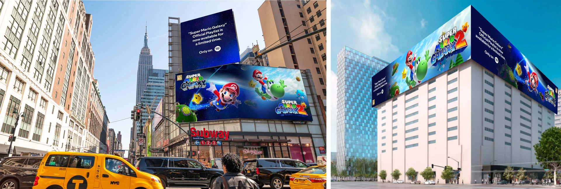 بیلبوردهای دیجیتال در یک شهر که تبلیغ سوپر ماریو گالکسی و اسپاتیفای را نشان می‌دهند