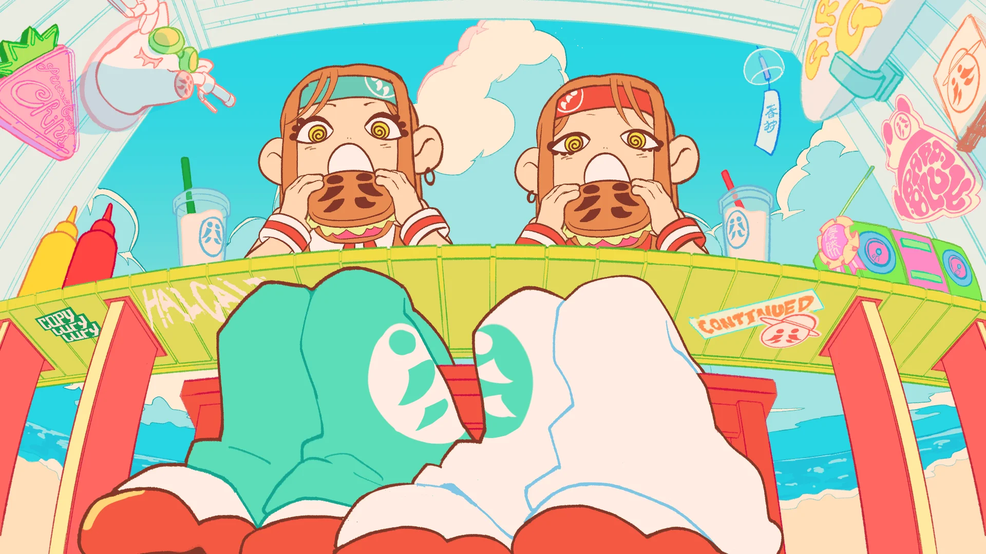 Piirroshahmoja pöydässä ruokien kanssa, leikkisä teema