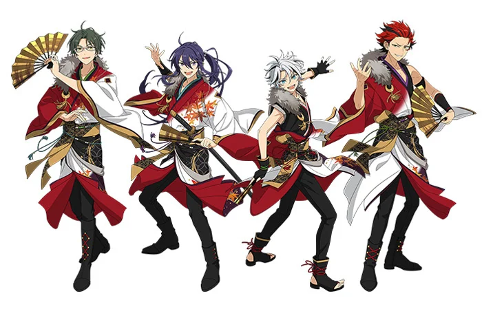 Hudu daga cikin jaruman ƙungiyar Red Moon sanye da riguna na gargajiya ja da baki