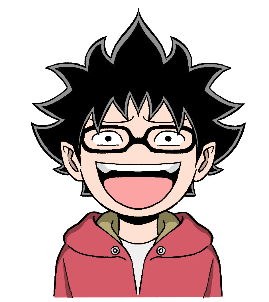 动画角色齐木楠雄露出惊讶表情，戴着眼镜身穿粉色连帽衫