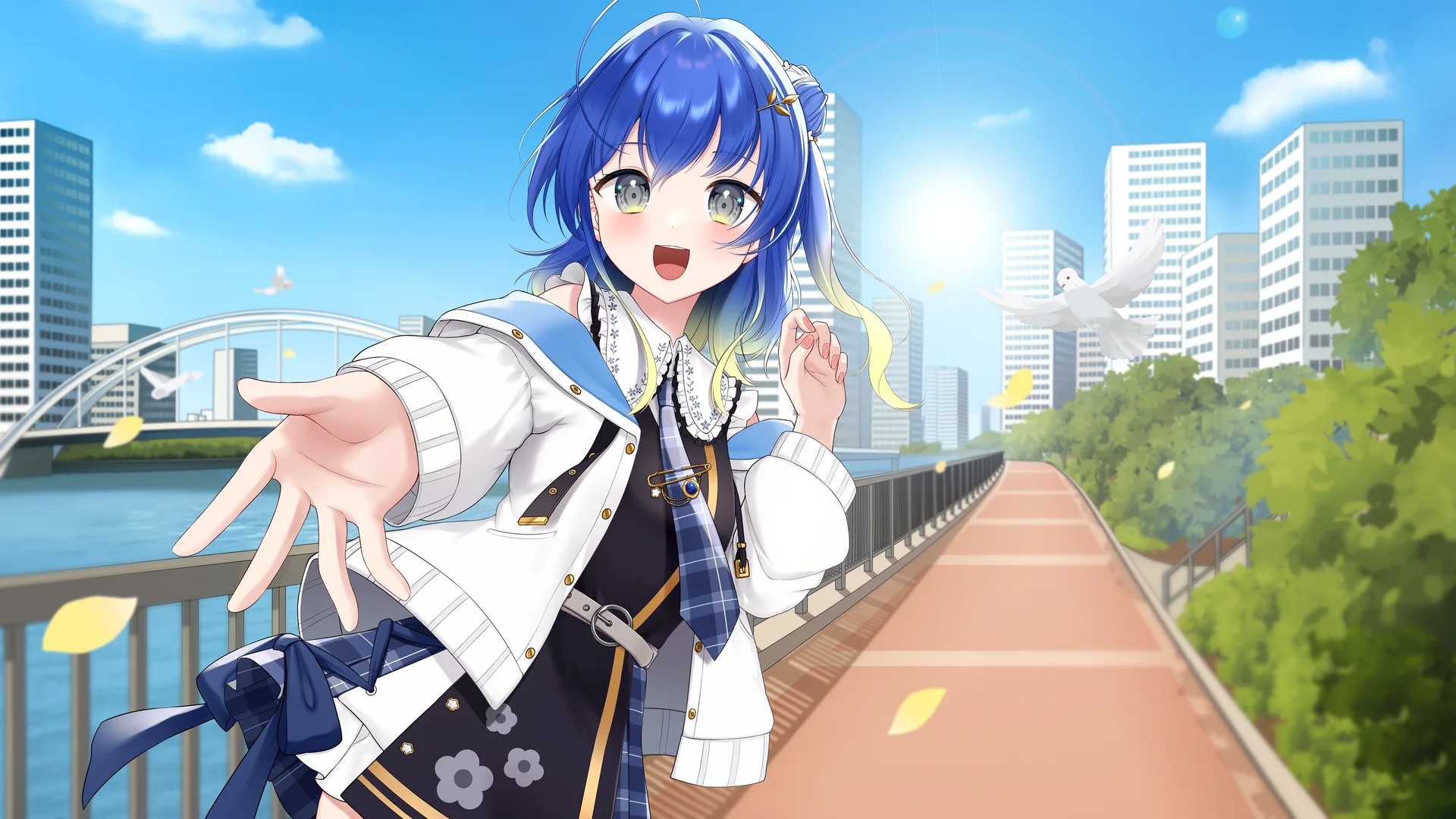 Anime-style character with blue hair on a riverside path