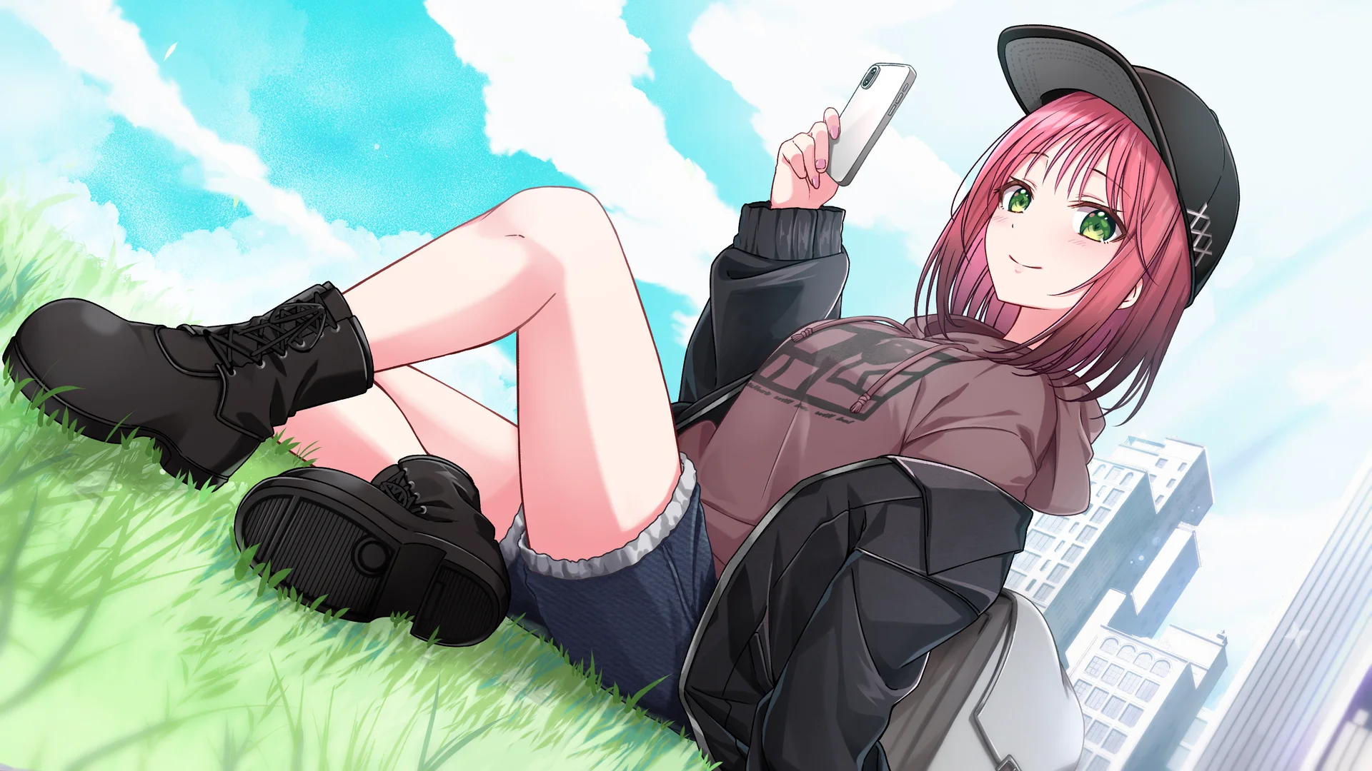 Animated character lounging on grass with a smartphone