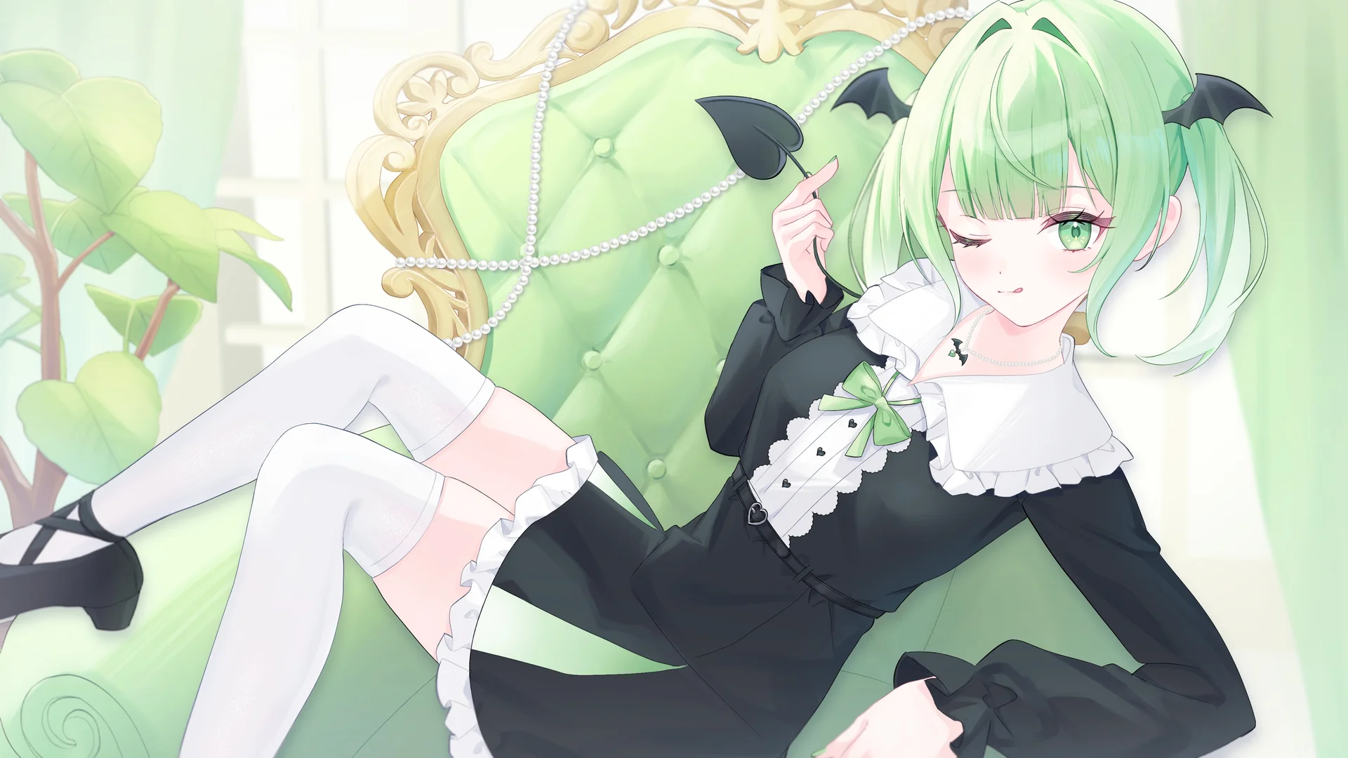 Anime-style character with green hair and bat wings on an ornate chair