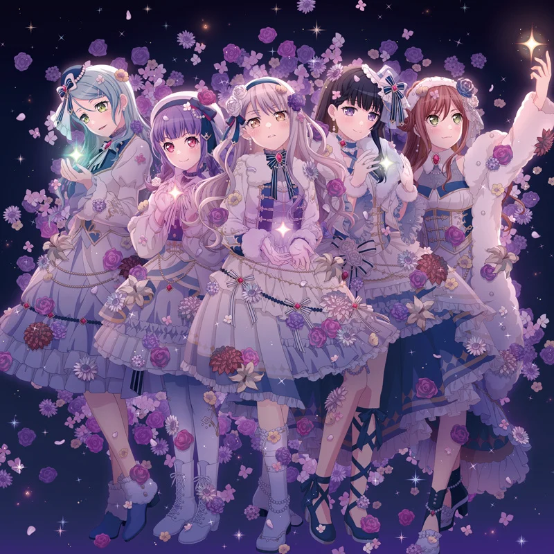 Roselia characters in elaborate outfits surrounded by flowers