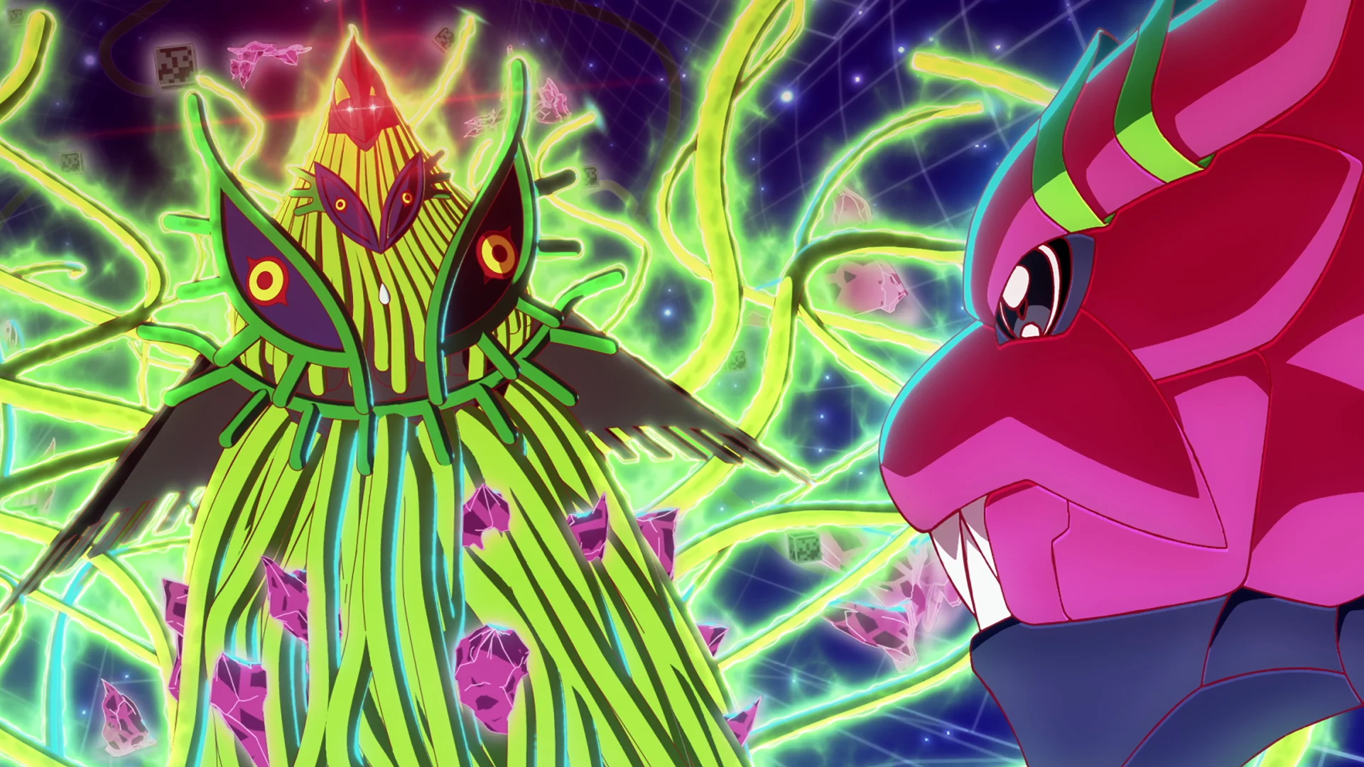 Two colorful Digimon facing each other in a digital setting