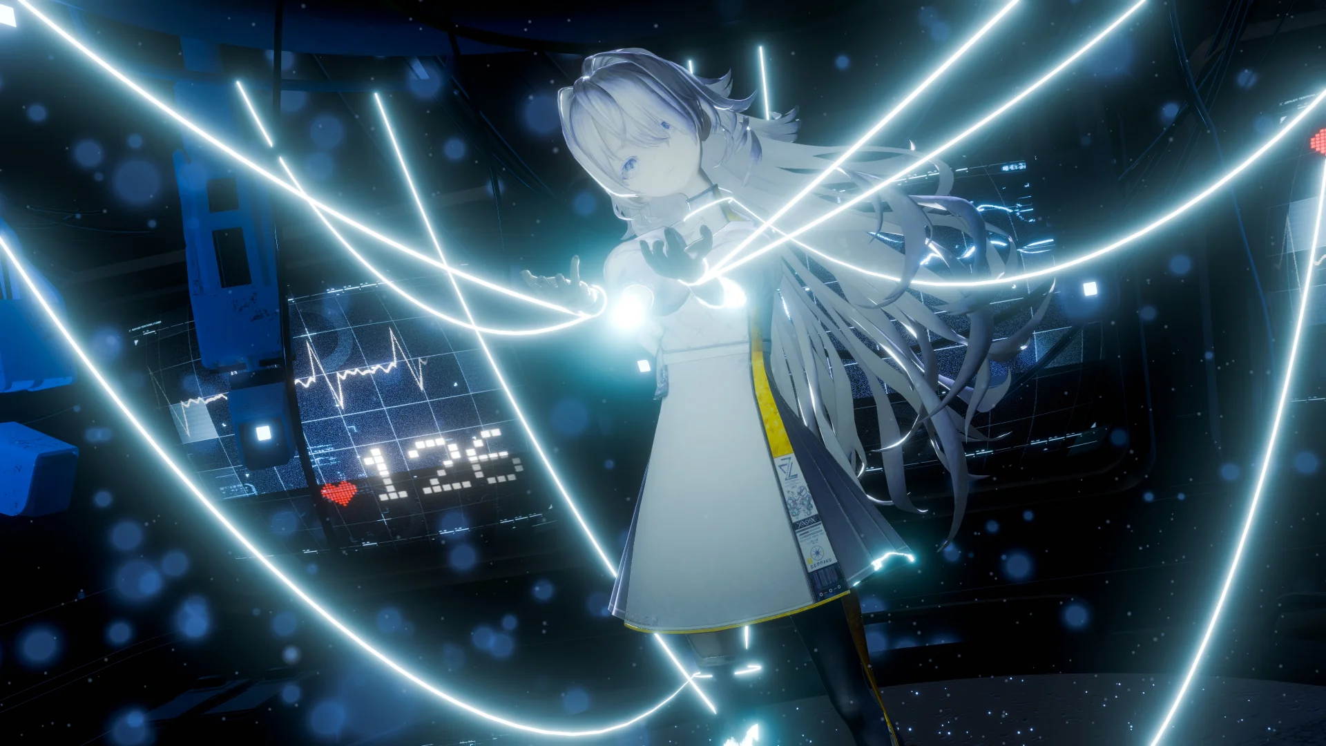 Watak gaya anime dikelilingi garis bercahaya dalam persekitaran futuristik.