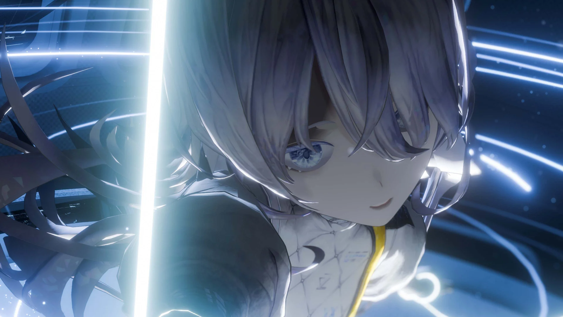 Watak gaya anime dengan elemen futuristik, memegang pedang bercahaya.