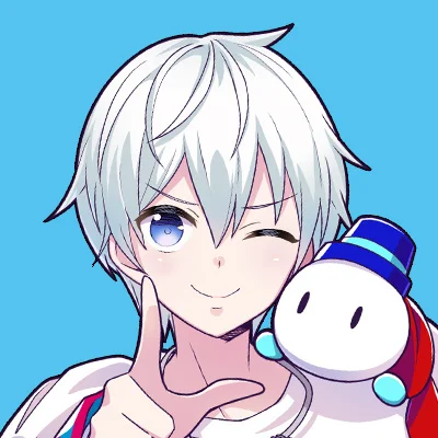 Postać anime z białymi włosami i małą postacią na ramieniu na niebieskim tle