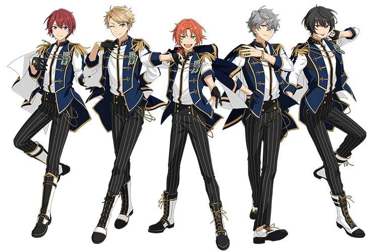 ตัวละครการ์ตูนสไตล์อนิเมะจากกลุ่ม Knights จำนวน 5 คน ในแจ็กเก็ตสีฟ้าและกางเกงลายทางสีดำ