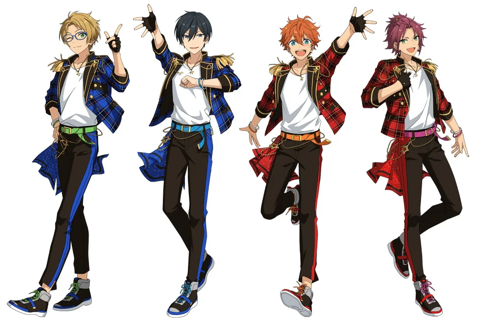 ตัวละครอนิเมะจากกลุ่ม Trickstar จำนวน 4 ตัว ในชุดคอสตูมสีสันสดใส