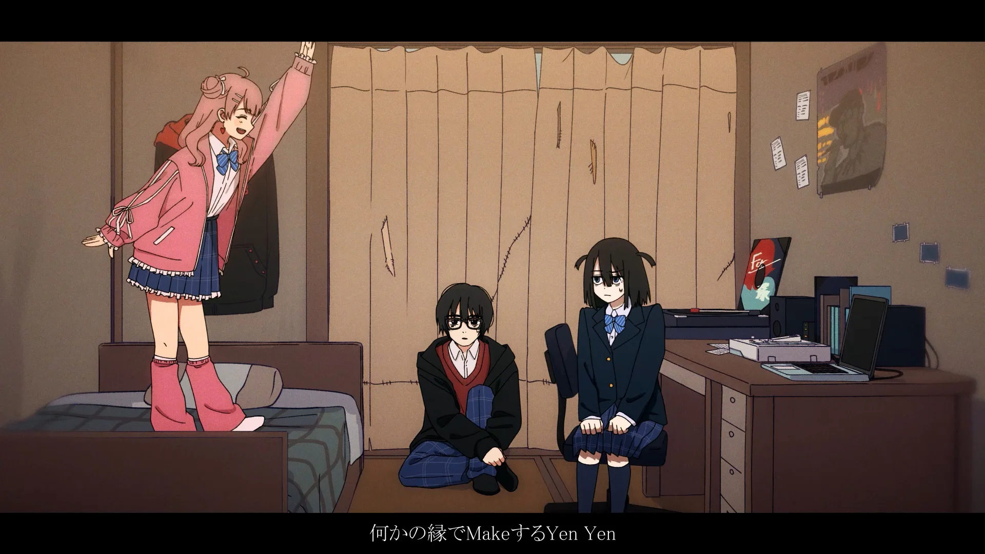 Three anime characters in a bedroom from Shadow Beat