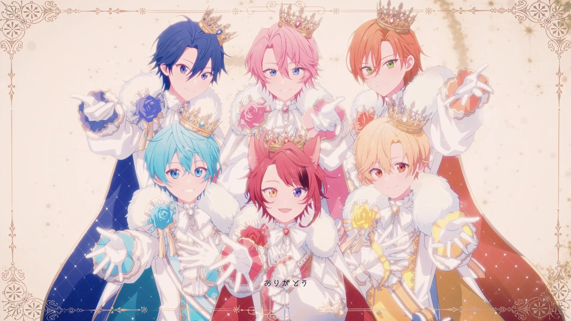 Six anime-style Strawberry Prince members in ornate royal outfits